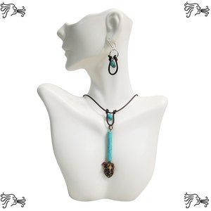 Turquoise Column Choker Necklace & Earrings Brown Hand knotted Leather
